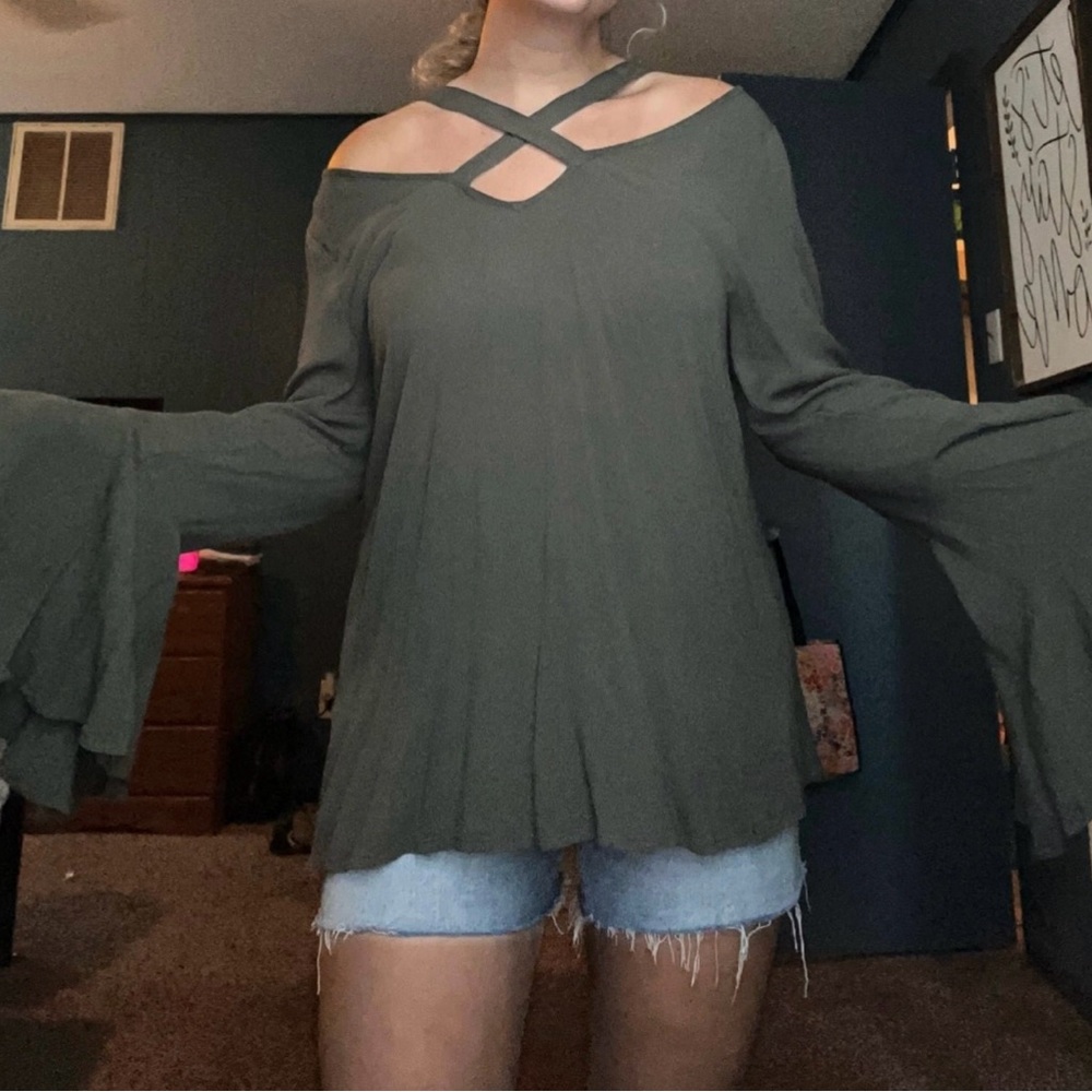 Women's Olive Green Bell Sleeve Top
